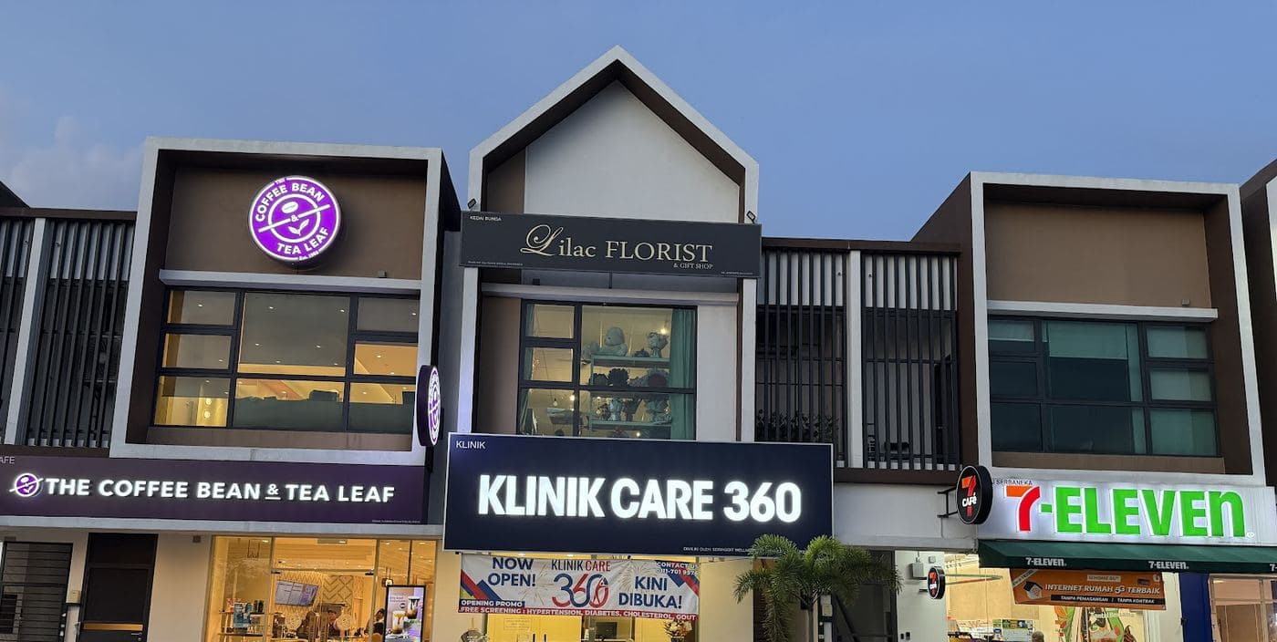 Klinik Care 360 storefront at Andira Place, Bandar Bukit Puchong 2, between The Coffee Bean and 7-Eleven